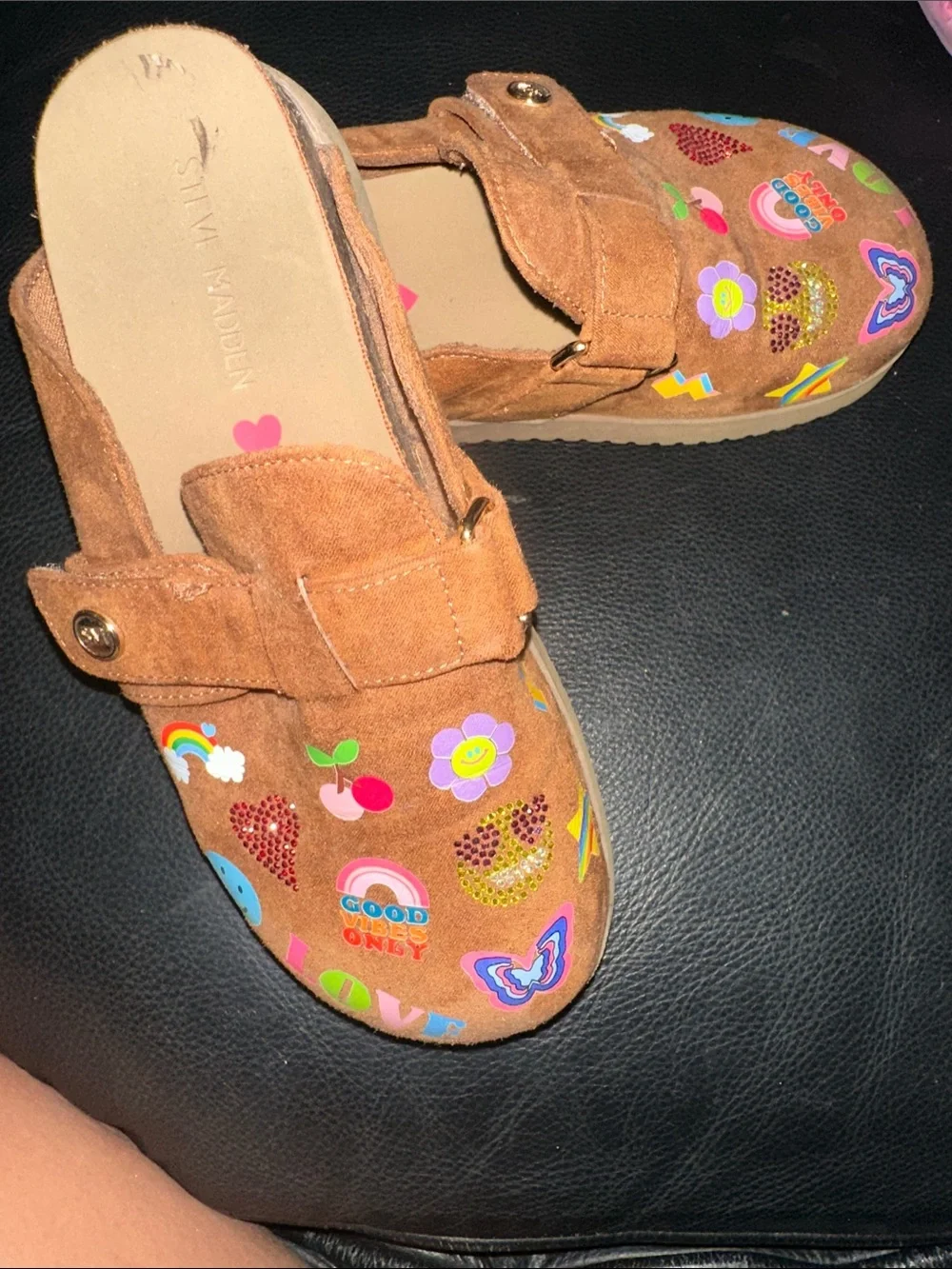 Kids Brown Slip-On Clogs with Colorful Love & Rainbow Graphics